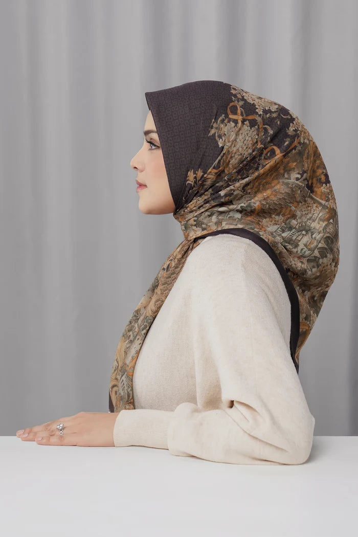 istanbul printed square scarf in kahve by buttonscarves side view