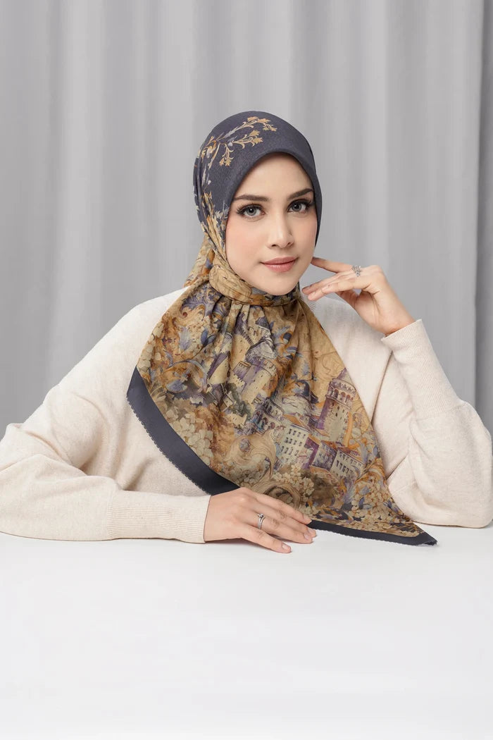 istanbul printed square scarf in zeytin by buttonscarves front view