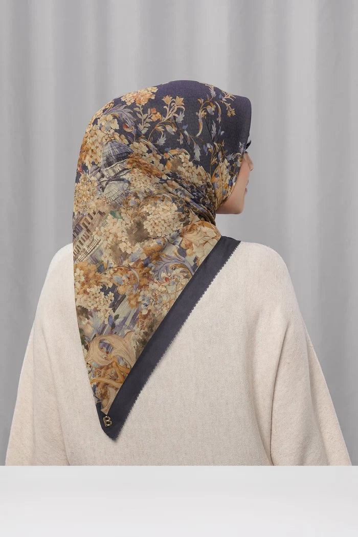istanbul printed square scarf in zeytin by buttonscarves back view