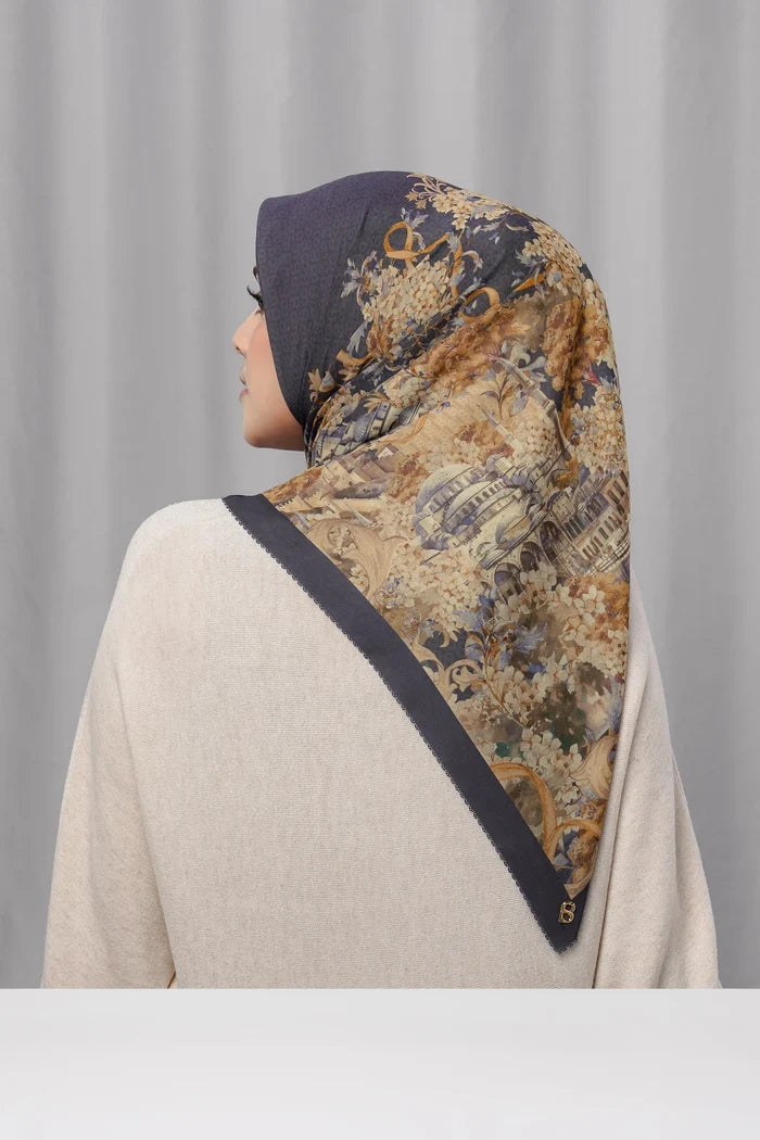 istanbul printed square scarf in zeytin by buttonscarves back view