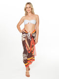 Multicolor abstract-print pareo skirt with white strapless bikini top, front view.