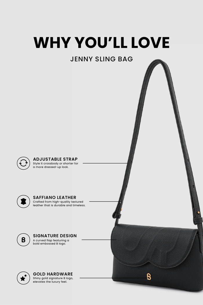 jenny sling bag in black by buttonscarves feature overview