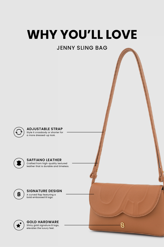 jenny sling bag in tan by buttonscarves feature overview