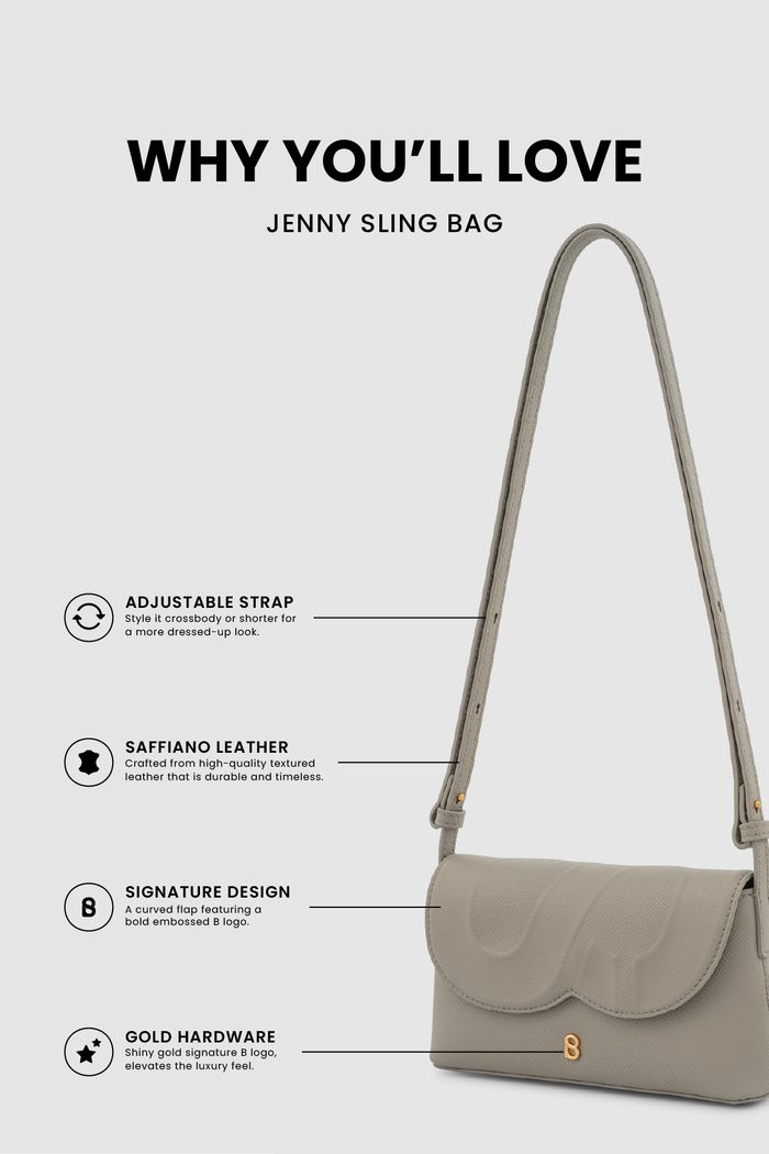 jenny sling bag in taupe by buttonscarves feature overview