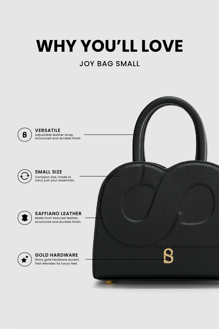 joy bag small with saffiano leather in black by buttonscarves feature overview