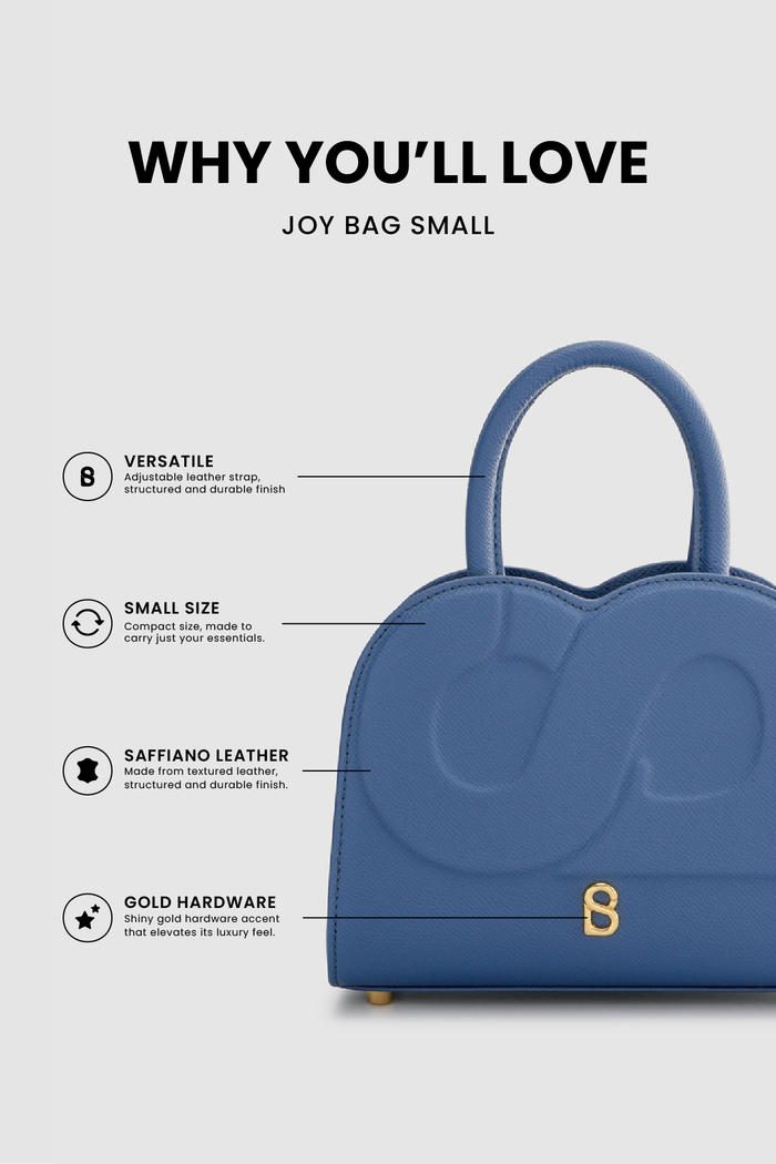 joy bag small with saffiano leather in bluebell by buttonscarves feature overview