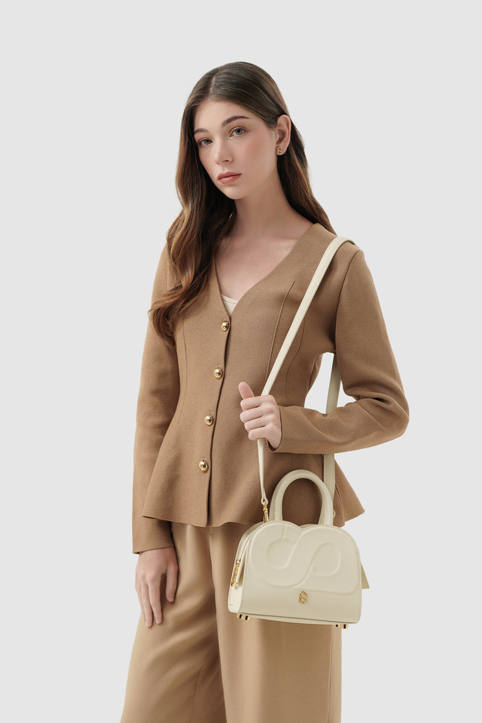 joy bag small with saffiano leather in lamb by buttonscarves carried on shoulder