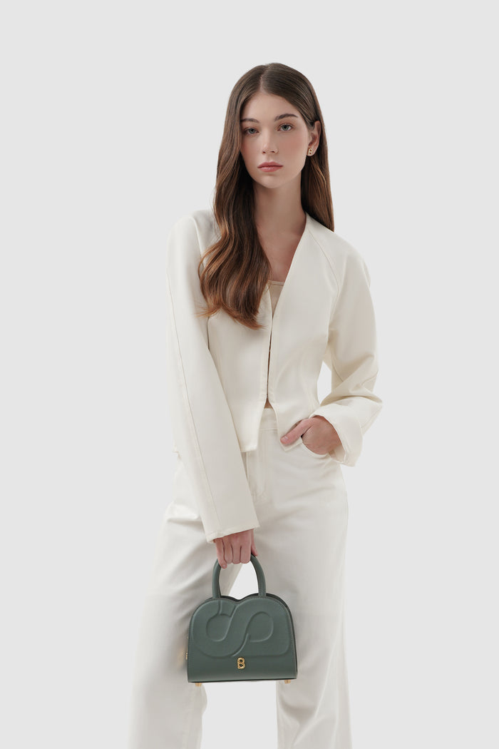 joy bag small with saffiano leather in loden by buttonscarves hand carried style