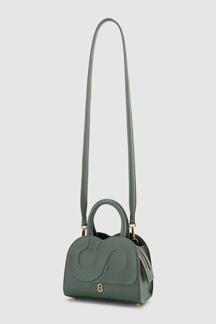 joy bag small with saffiano leather in loden by buttonscarves with detachable strap