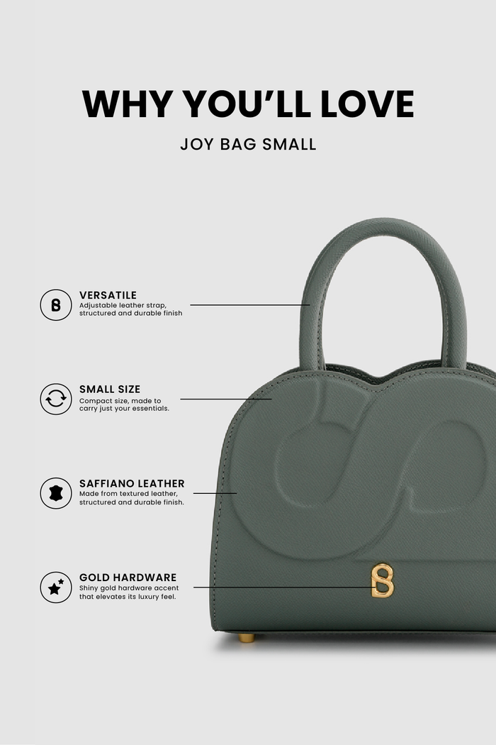 joy bag small with saffiano leather in loden by buttonscarves feature overview