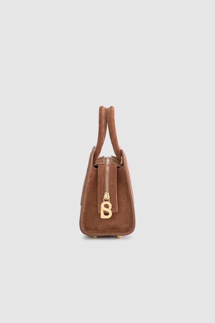 joy bag small with suede leather in caramel by buttonscarves side view