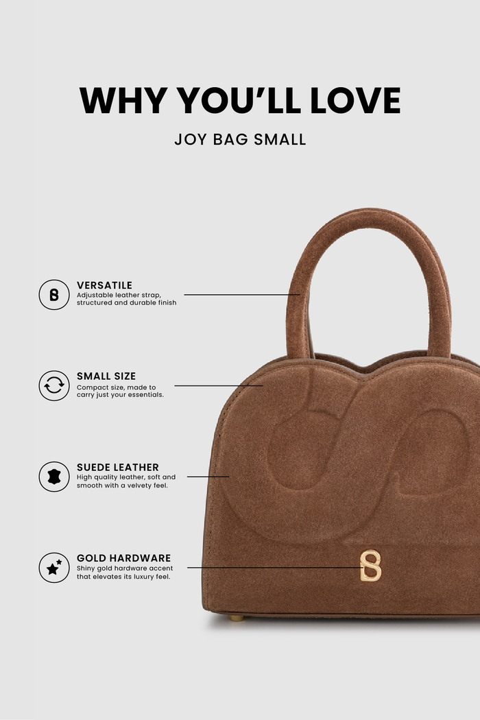 joy bag small with suede leather in caramel by buttonscarves feature overview