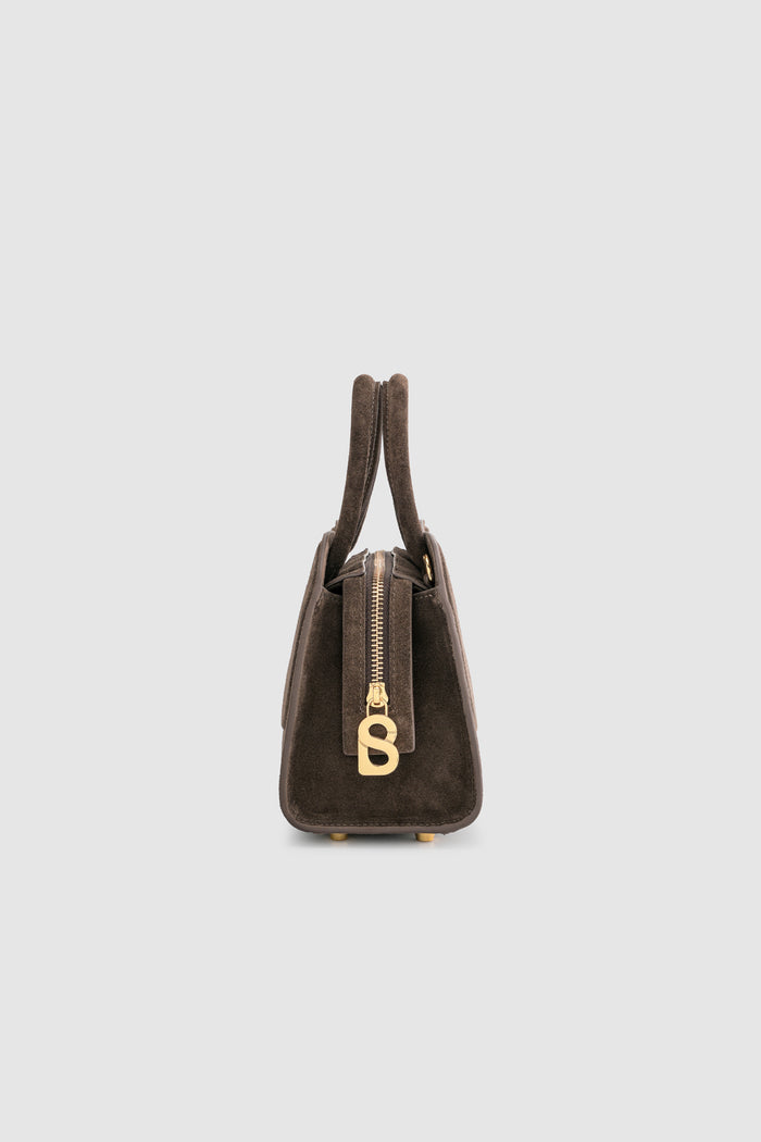 joy bag small with suede leather in dark brown by buttonscarves side view