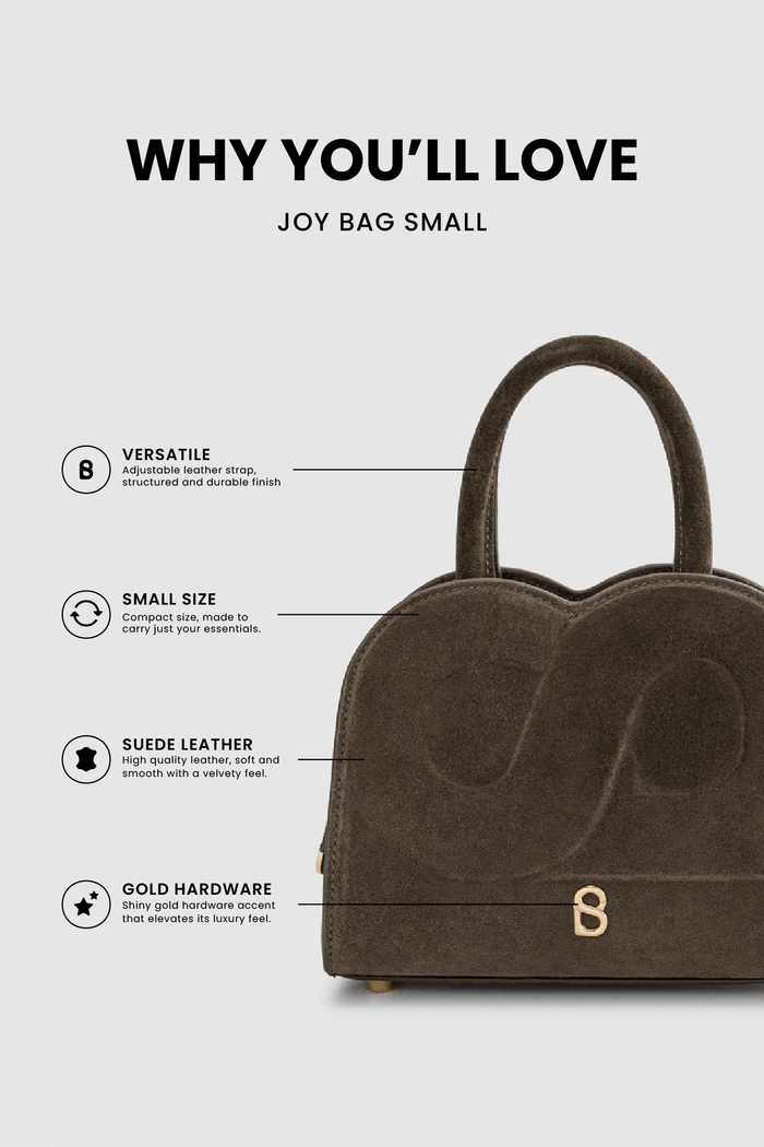 joy bag small with suede leather in dark brown by buttonscarves feature overview