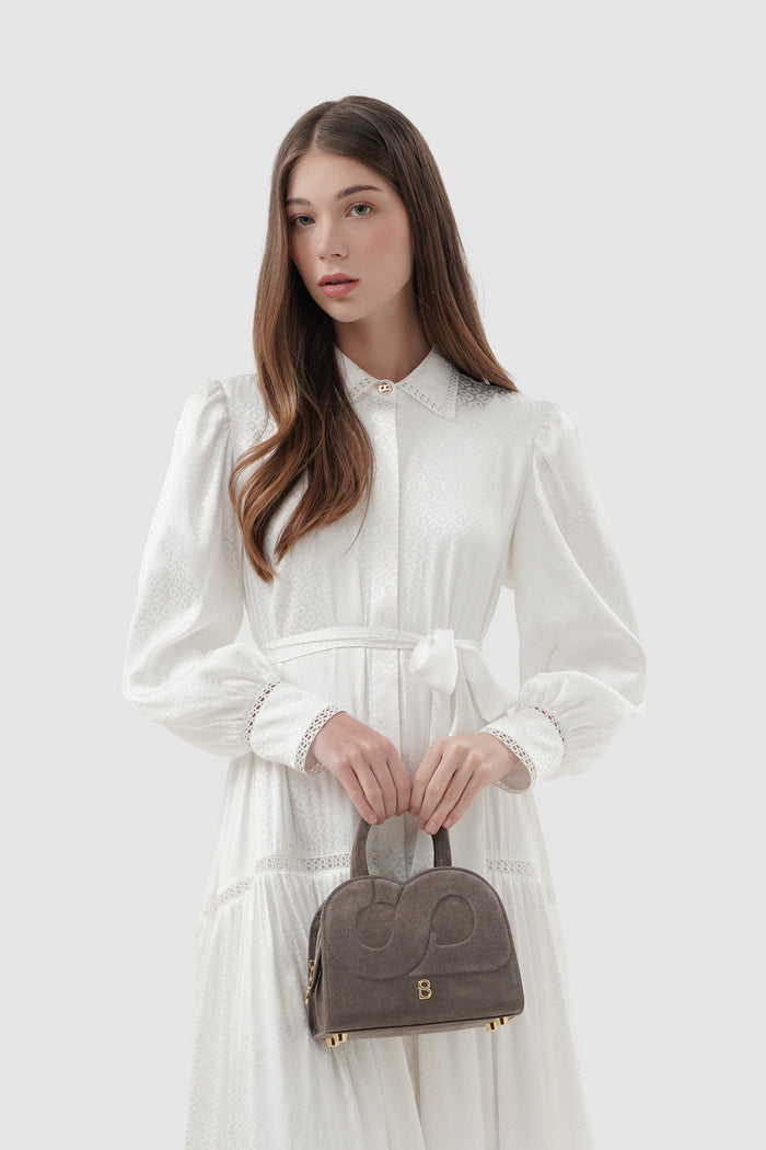 joy bag small with suede leather in taupe by buttonscarves hand carried style