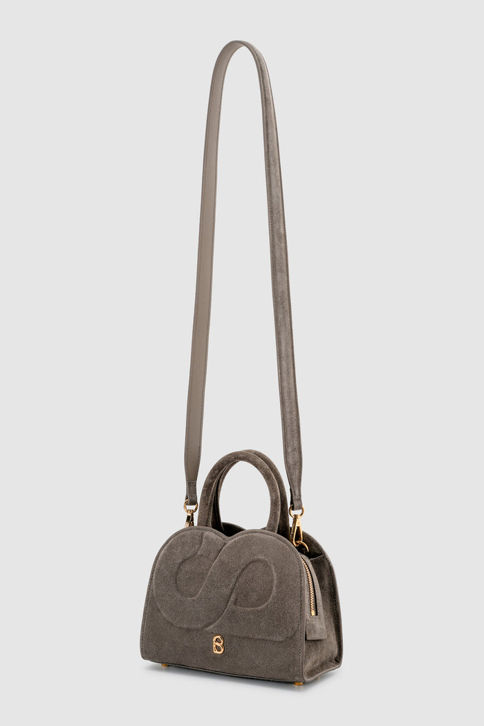 joy bag small with suede leather in taupe by buttonscarves with detachable strap