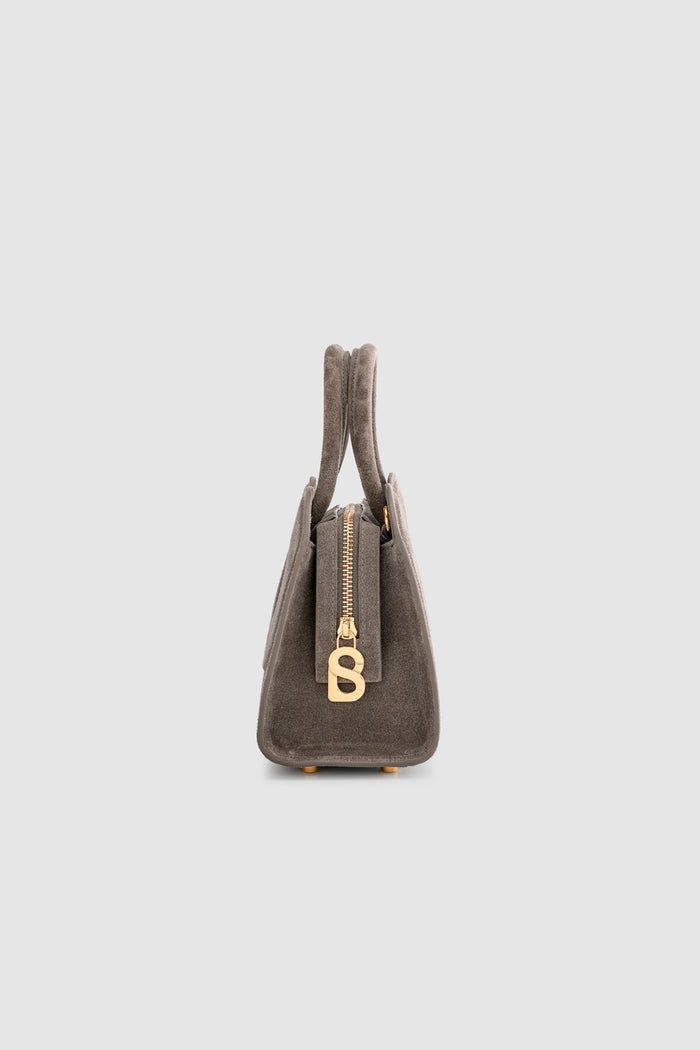 joy bag small with suede leather in taupe by buttonscarves side view