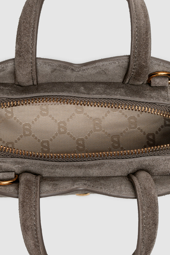 joy bag small with suede leather in taupe by buttonscarves interior compartment