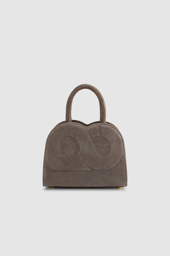 joy bag small with suede leather in taupe by buttonscarves back view