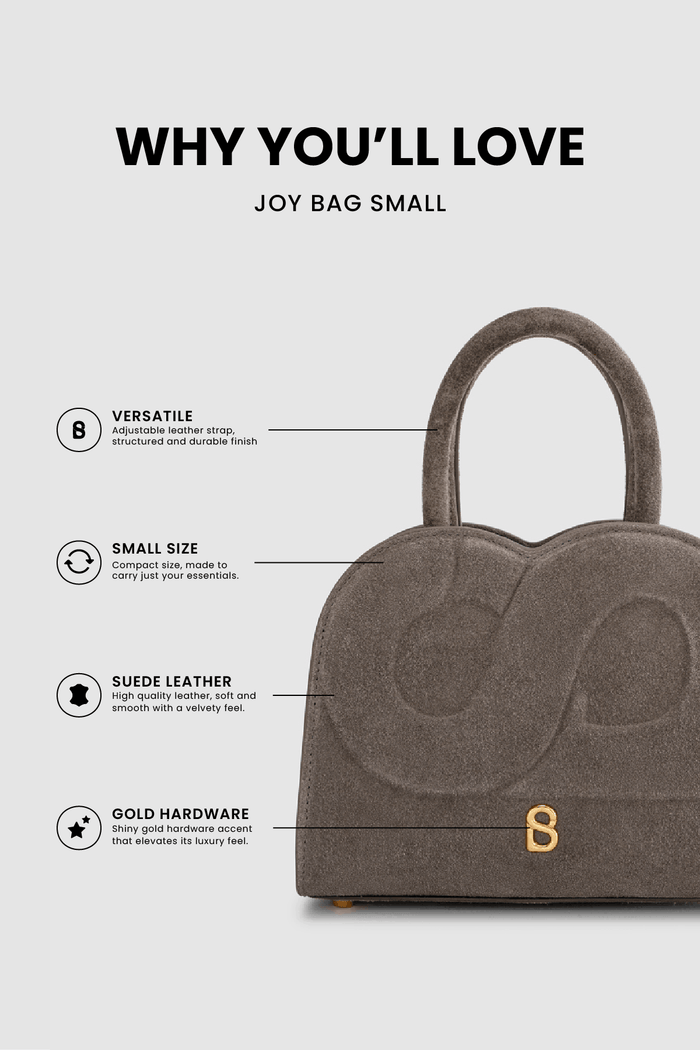 joy bag small with suede leather in taupe by buttonscarves feature overview