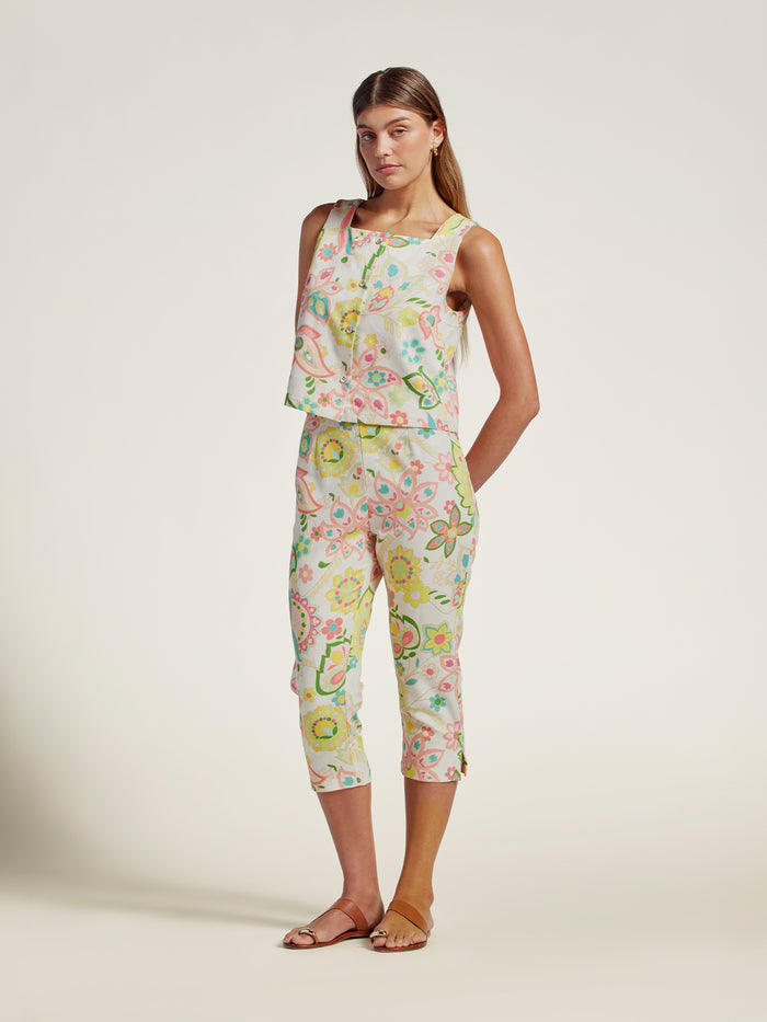 Pastel floral jacquard cotton top and cropped pants set, back view with hands behind back.