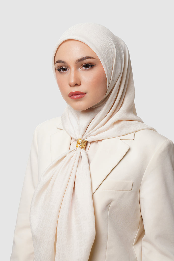 gold kara brooch by buttonscarves styled on a scarf