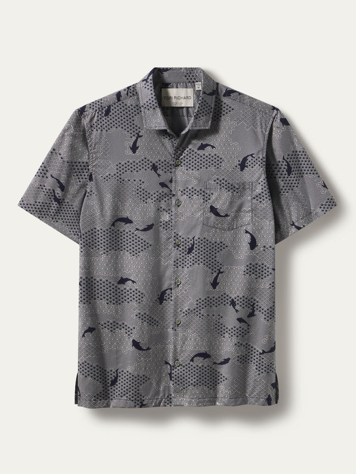 Gray geometric and whale-print cotton shirt with classic collar and front pocket, flat lay front view.
