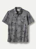 Gray geometric and whale-print cotton shirt with classic collar and front pocket, flat lay front view.