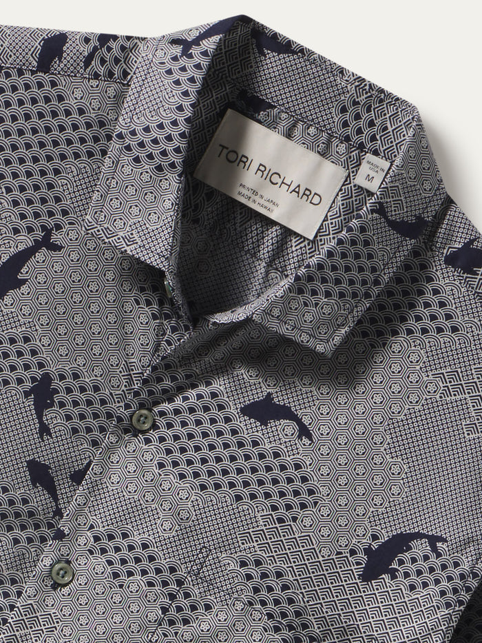 Gray geometric and black whale-print cotton shirt , shown in a close-up view of the front neckline.