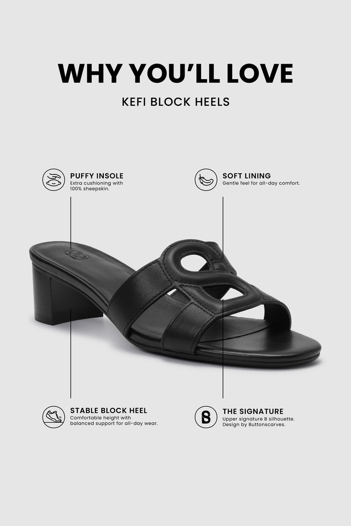 kefi block heels in black by butonscarves feature overview