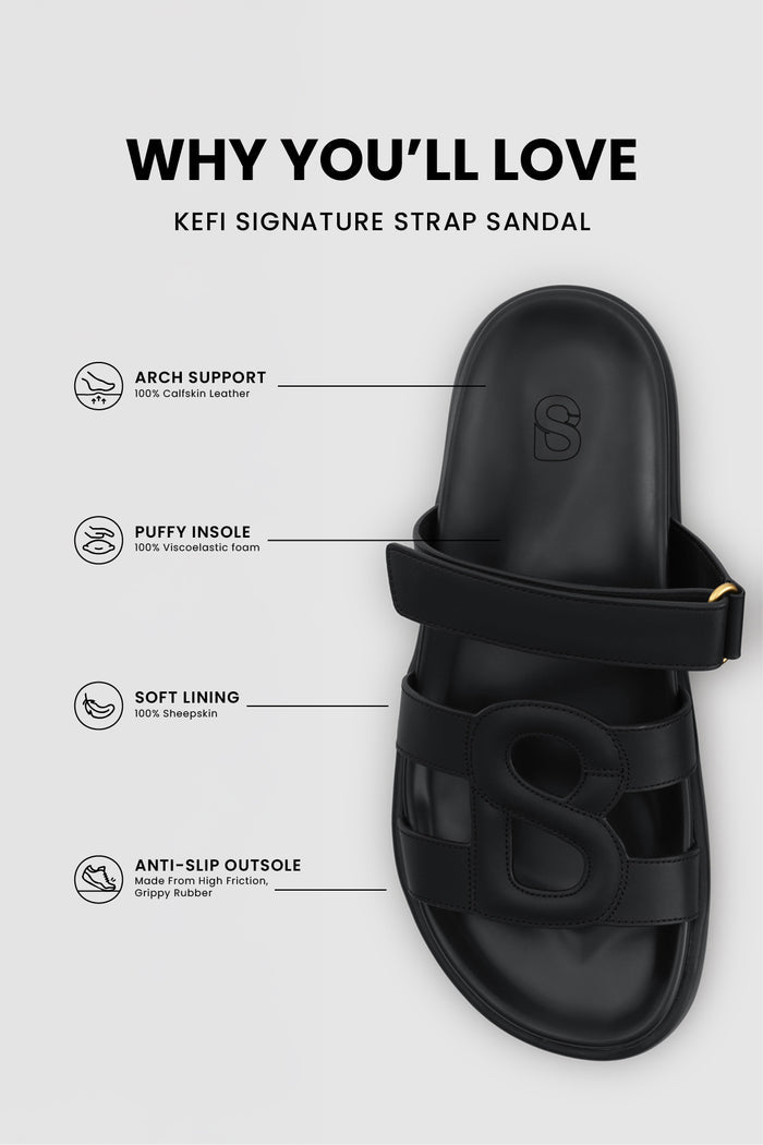kefi signature strap sandal in black by buttonscarves feature overview