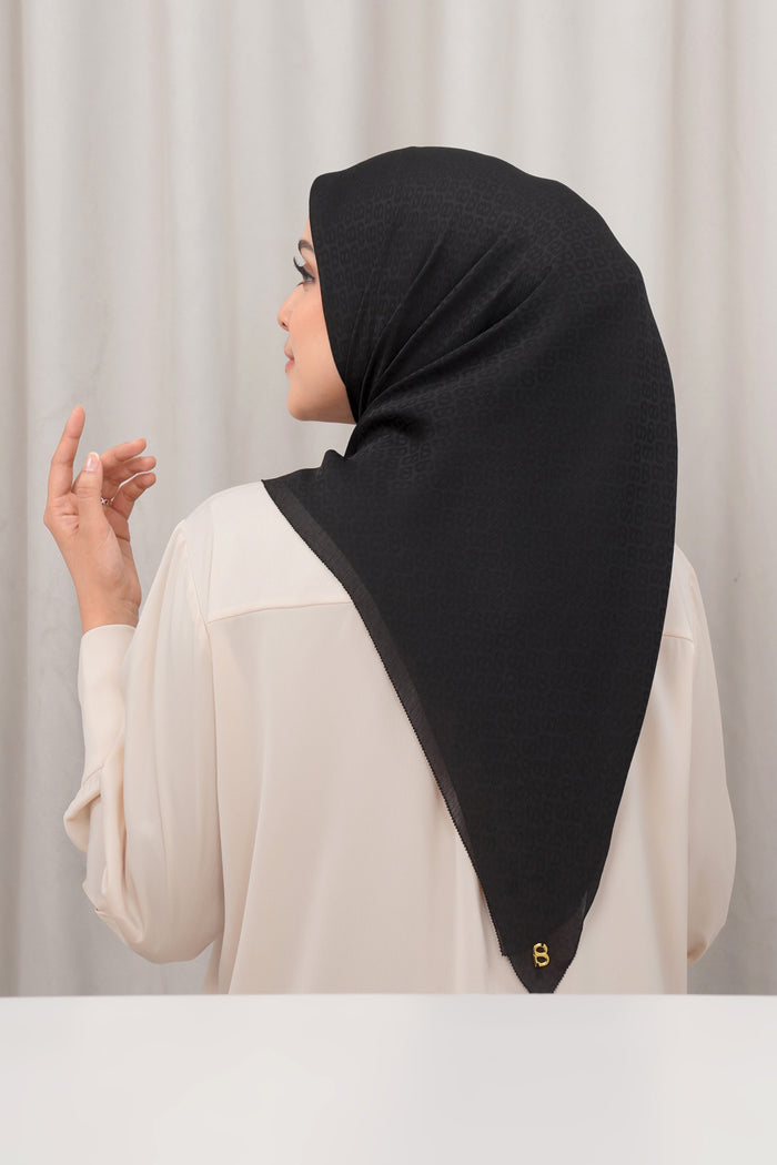 kelly jacquard square scarf in jet black by buttonscarves back view