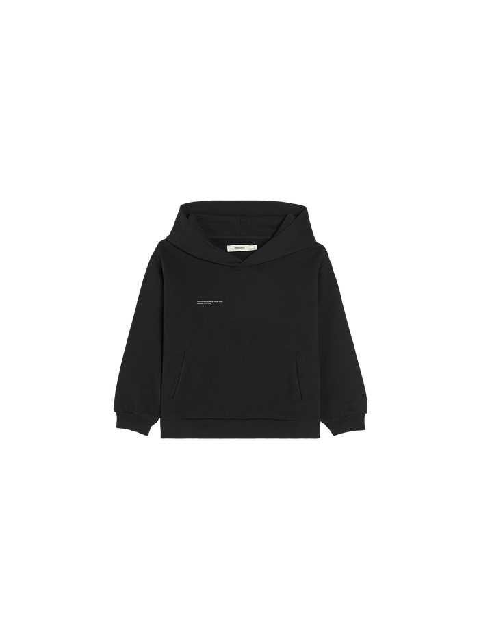 Black Kids' 365 Midweight Hoodie packshot. 320 GSM organic cotton, oversized boxy fit, hooded, kangaroo pocket
