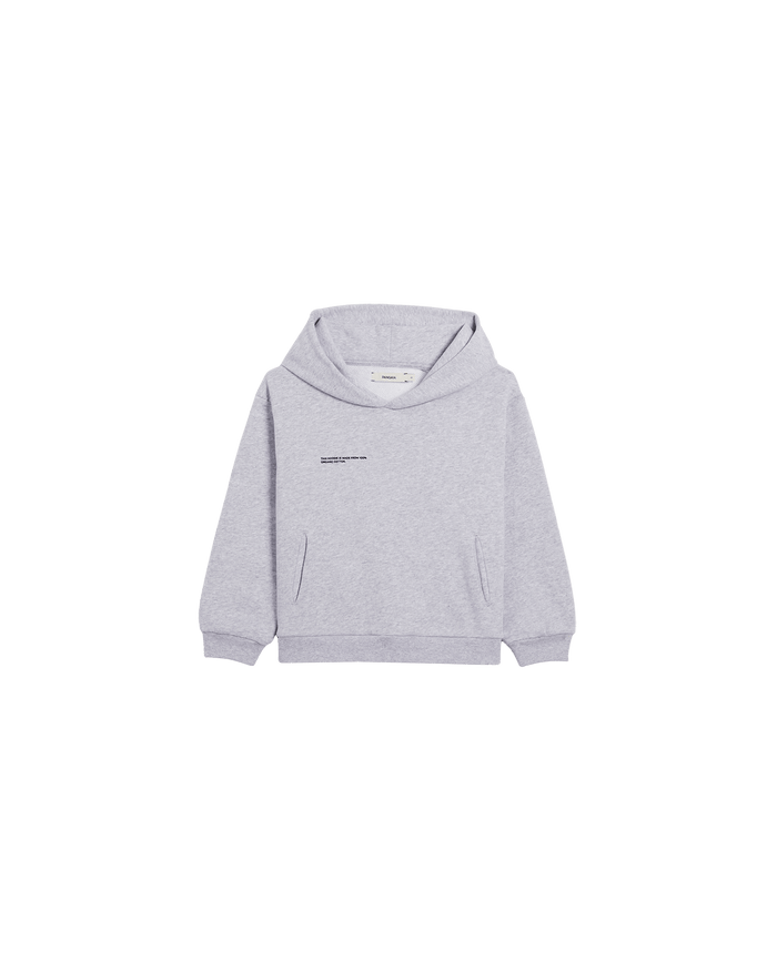 Pangaia Kids' 365 Midweight Hoodie packshot. Grey marl organic cotton hooded sweatshirt with kangaroo pocket, ribbed cuffs & hem