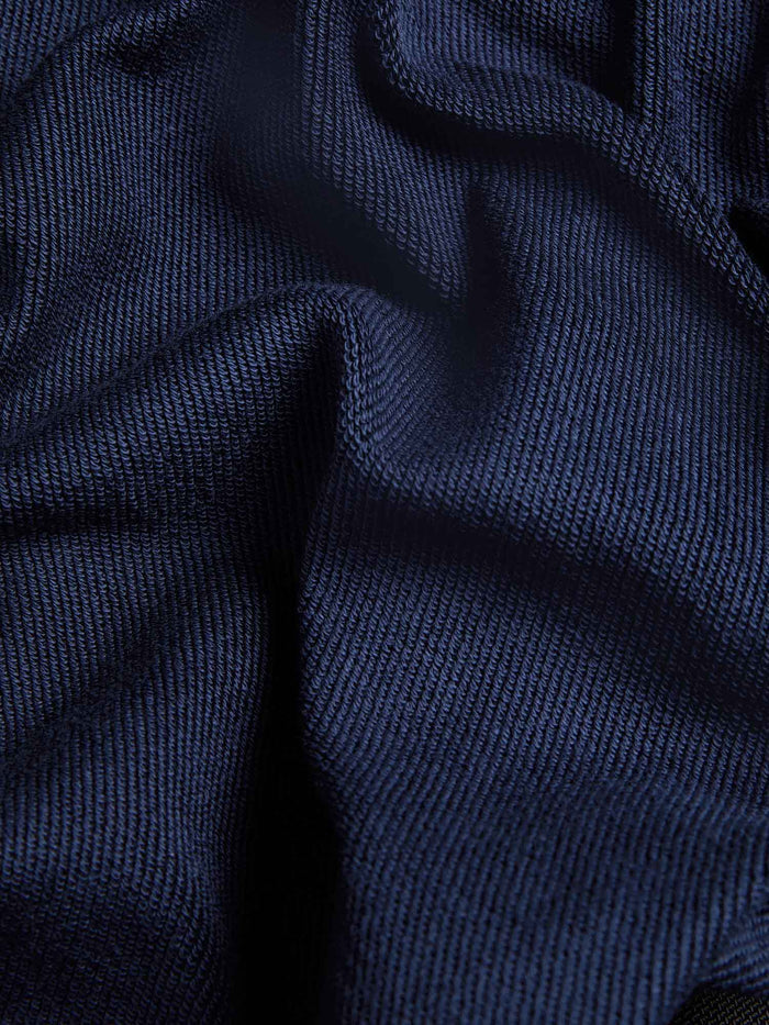 Kids' 365 Midweight Hoodie navy blue organic cotton 320 GSM fabric packshot, soft ribbed texture