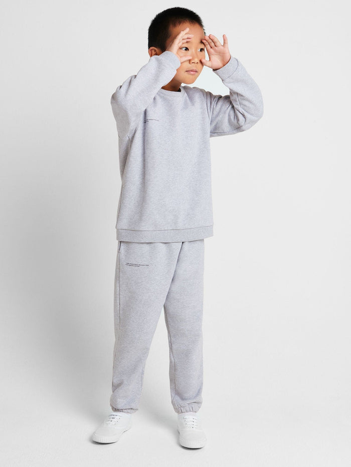 Kids' grey marl 365 Midweight Sweatshirt on child. Organic cotton, oversized fit, crew neck, boxy, genderless style