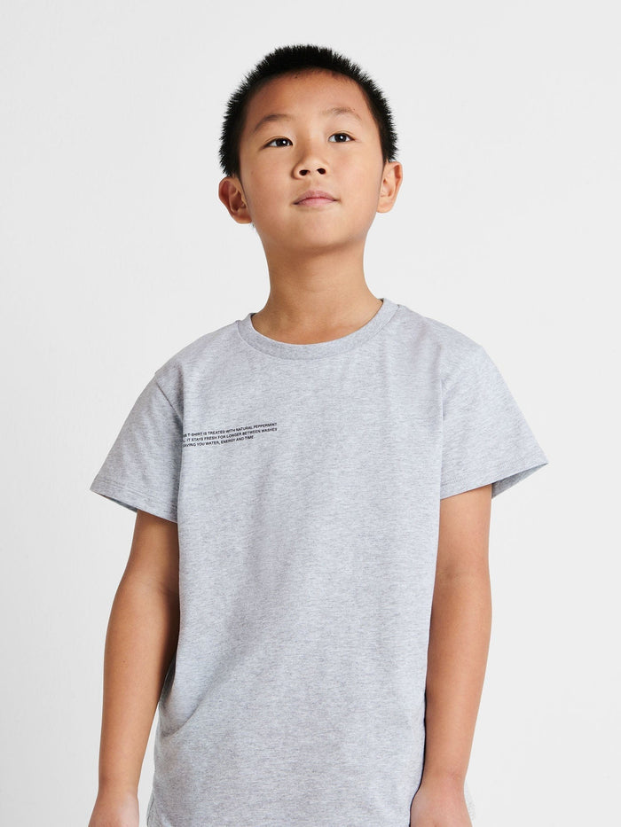 Child wearing Kids' 365 Midweight T-shirt, grey marl, 320 GSM organic cotton, oversized fit, boxy, crew neck