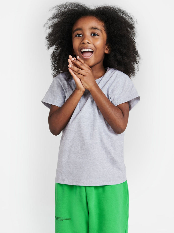 Smiling child model wears Kids' 365 Midweight T-shirt, grey marl, organic cotton, oversized fit, crew neck