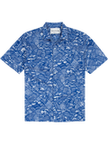 Navy and white tropical leaf, wave-mosaic print short-sleeve button-up shirt, flat lay front view.