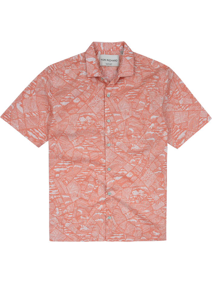 Pink Kintsugi-print Coral and white tropical-print short-sleeve button-up shirt, flat lay front view.