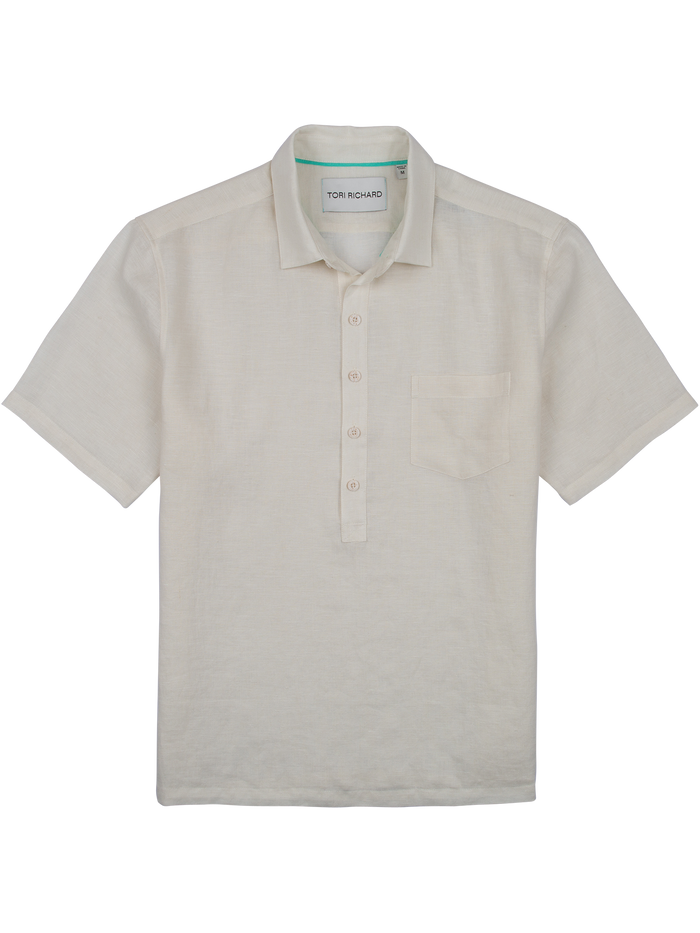 Cream slub linen half placket top with chest pocket, flat lay view (seen in Images 1 and 2).