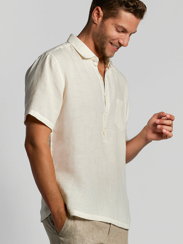 Kona beige slub linen short-sleeve shirt with pocket, front view