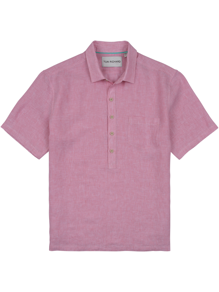 Light pink slub linen half placket shirt with collar, chest pocket, and three buttons, front view.