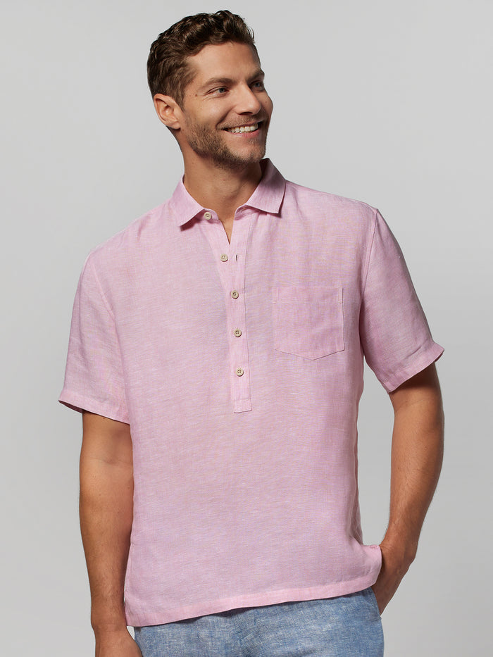 Light pink solid linen short-sleeve shirt, front view, half placket detail