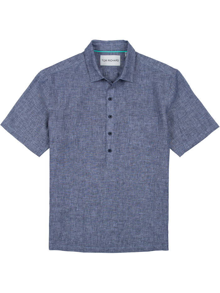 Blue linen short-sleeve shirt with half placket and collar, laid flat for front view