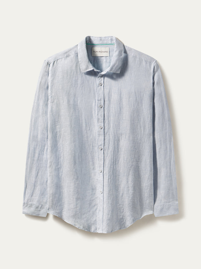 Light blue slub linen long-sleeve button-down shirt, flat lay view.