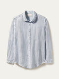 Light blue slub linen long-sleeve button-down shirt, flat lay view.