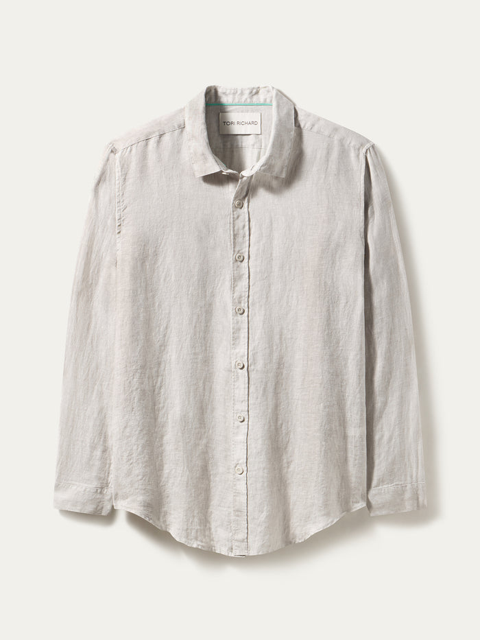 Light gray slub linen long-sleeve shirt with collar, flat lay view.