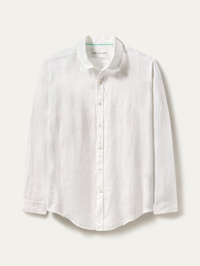 White slub linen long-sleeve button-down shirt with collar, front view.