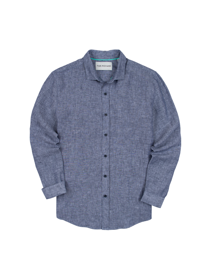 Blue slub linen long-sleeve button-down shirt with collar, laid flat, front view.